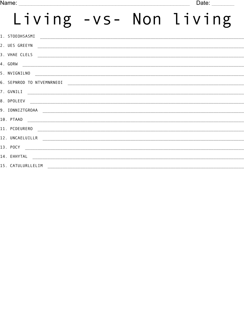 Living -vs- Non living Word Scramble