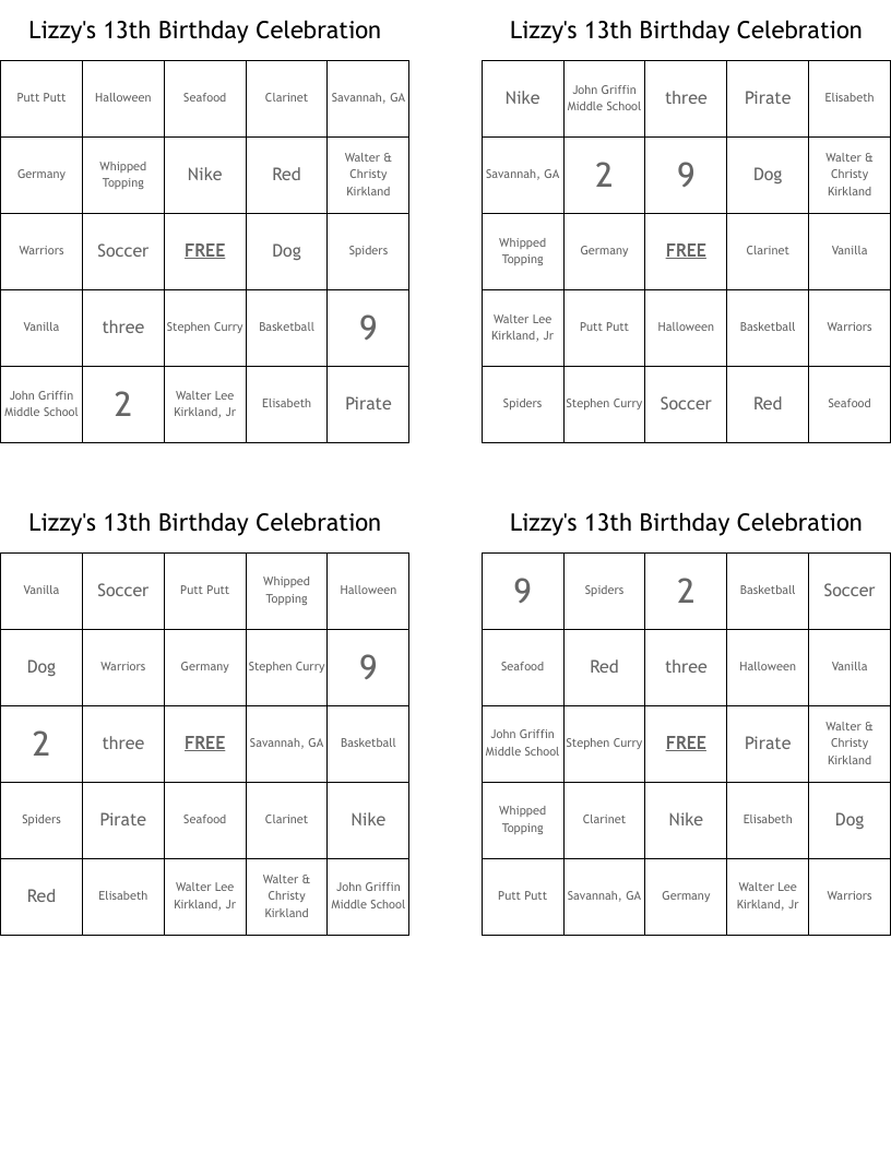 Lizzy's 13th Birthday Celebration Bingo Cards - WordMint