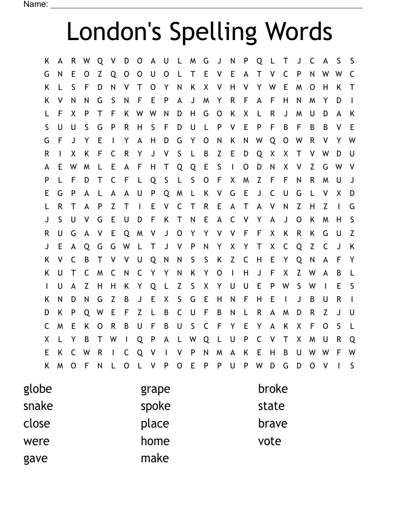London's Spelling Words Word Search