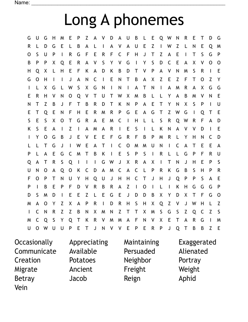 Long A phonemes Word Search