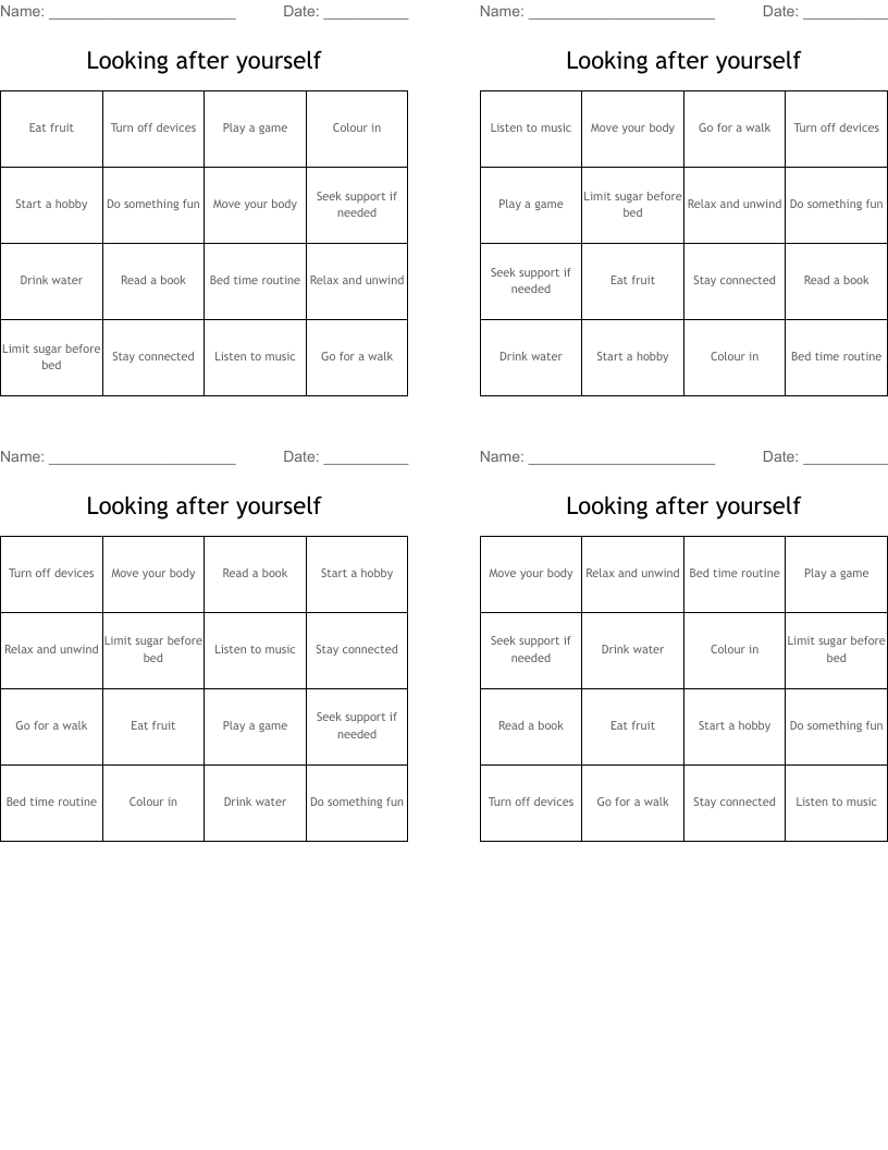 Looking after yourself Bingo Cards