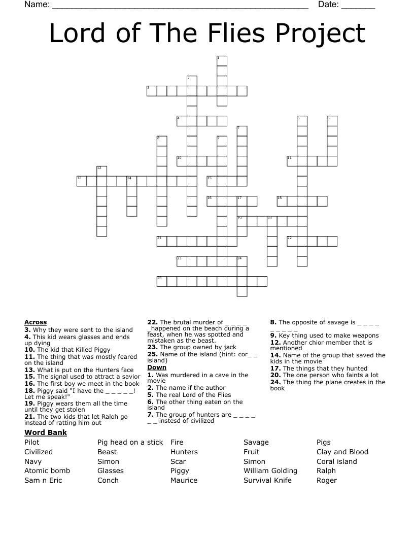 Lord of The Flies Project Crossword