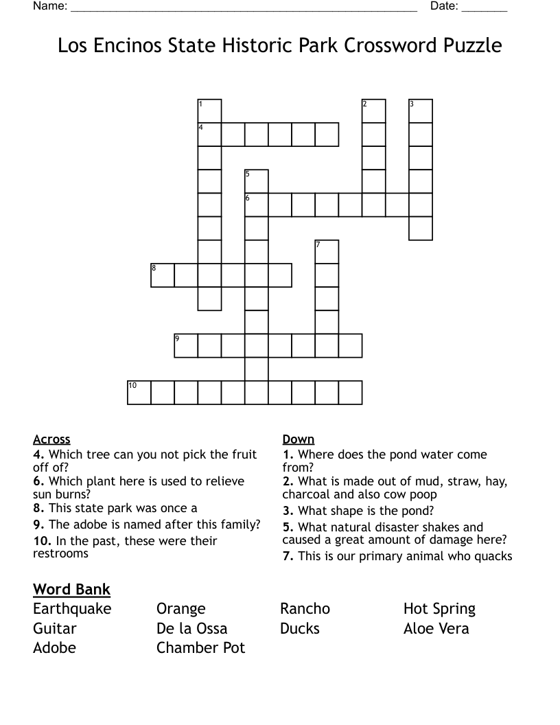 Los Encinos State Historic Park Crossword Puzzle
