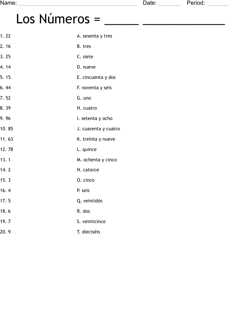 Los Números = _____ ______ Worksheet - WordMint