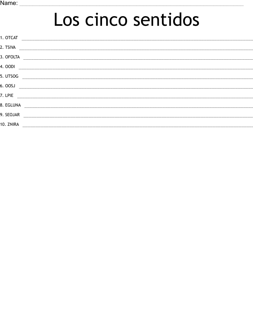 Los cinco sentidos Word Scramble