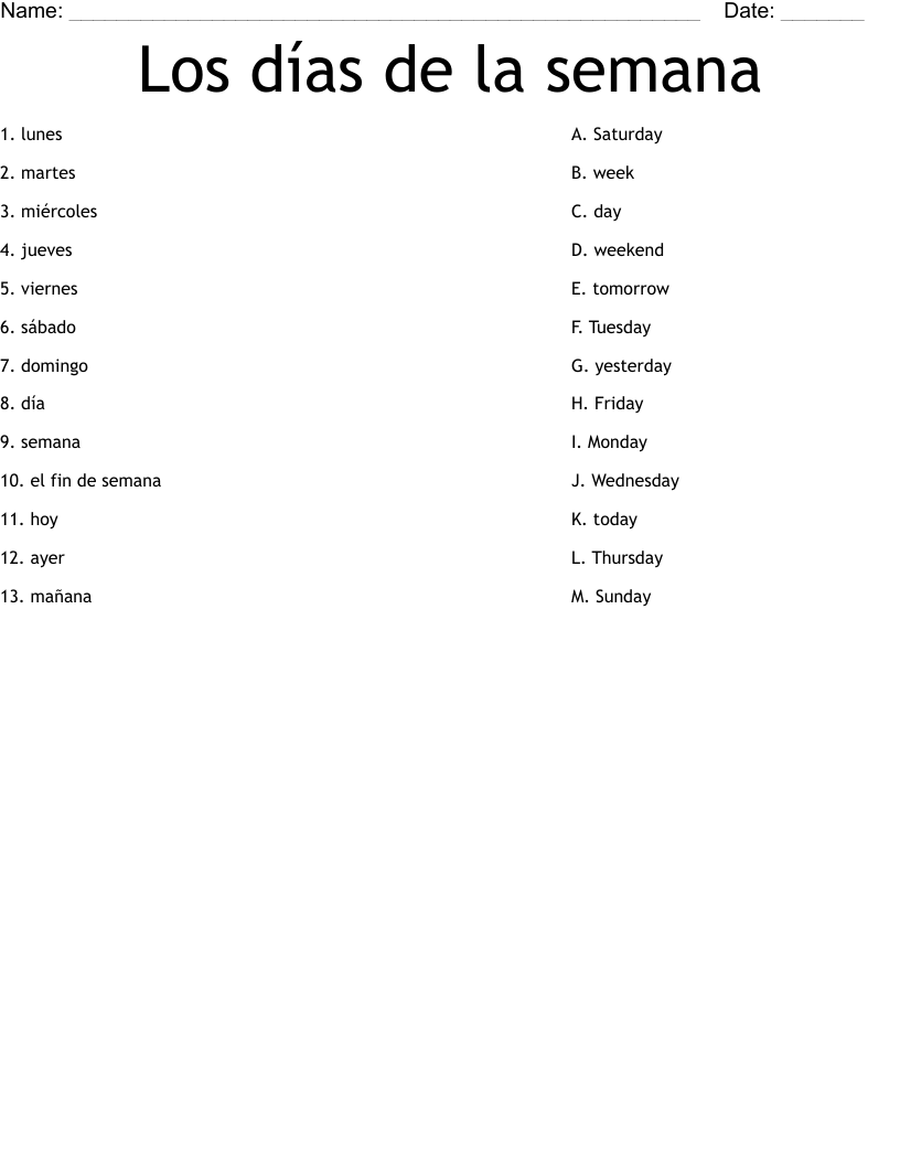 Los días de la semana Worksheet - WordMint