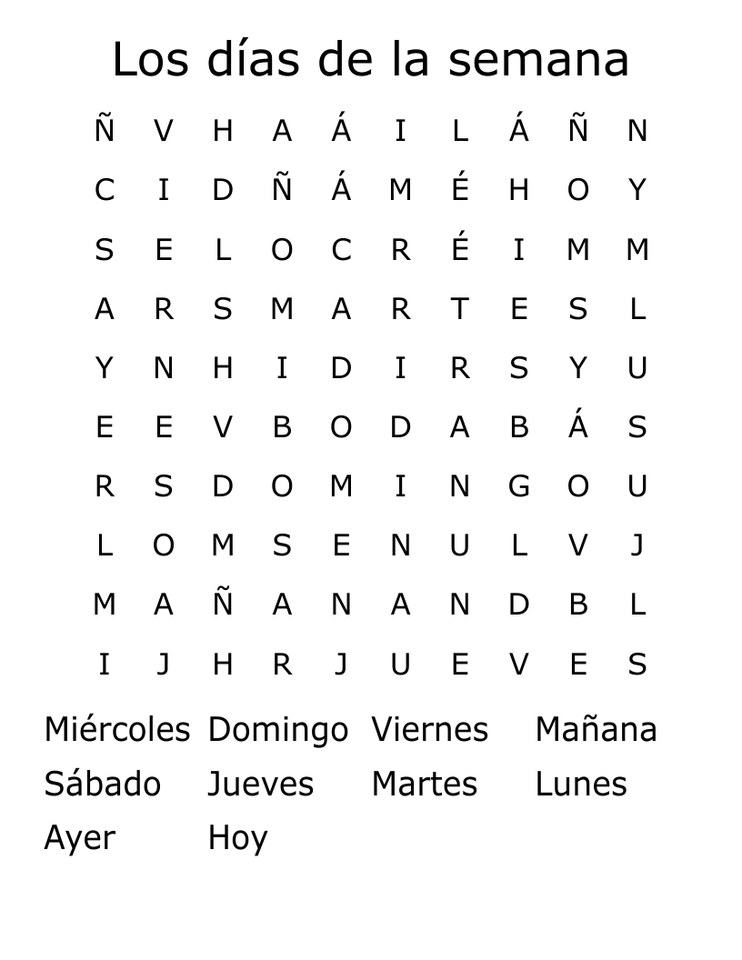 Los días de la semana Word Search - WordMint