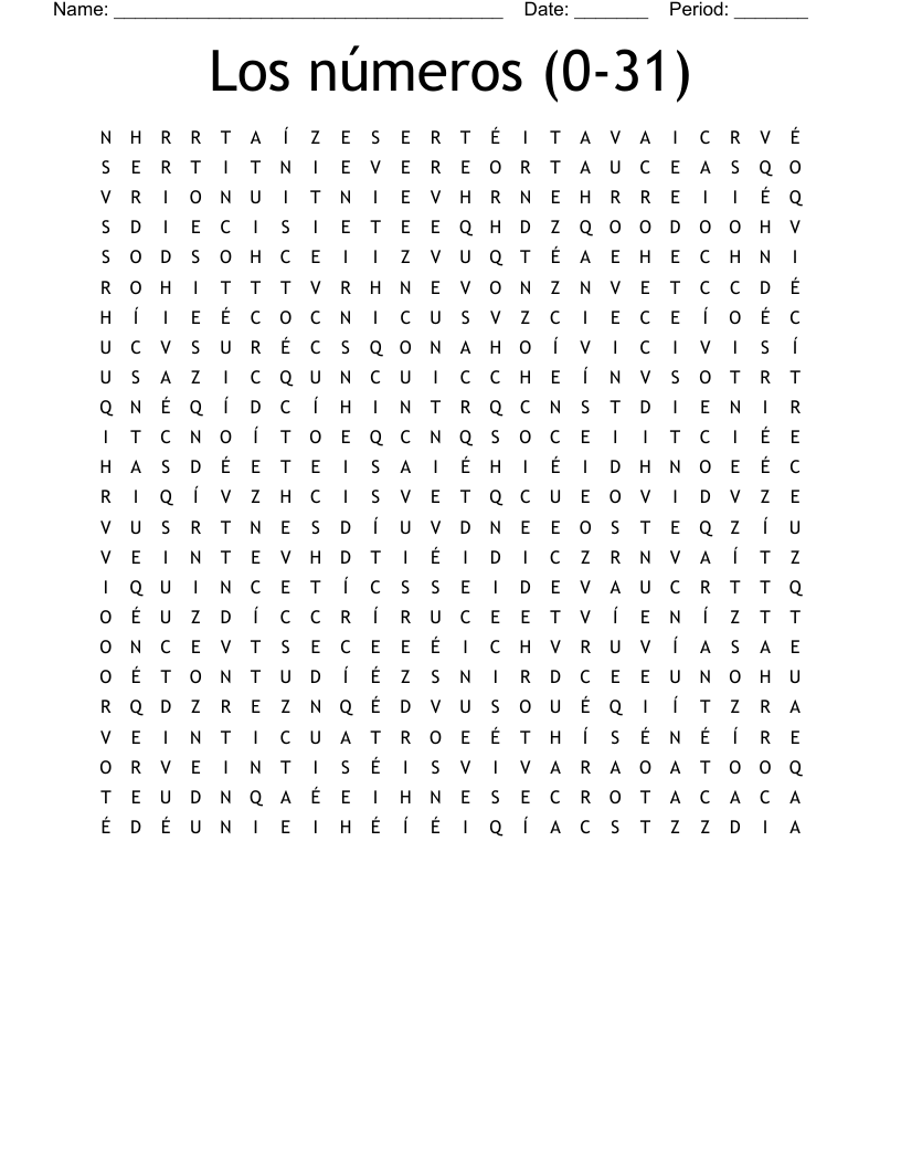 Los números (0-31) Word Search