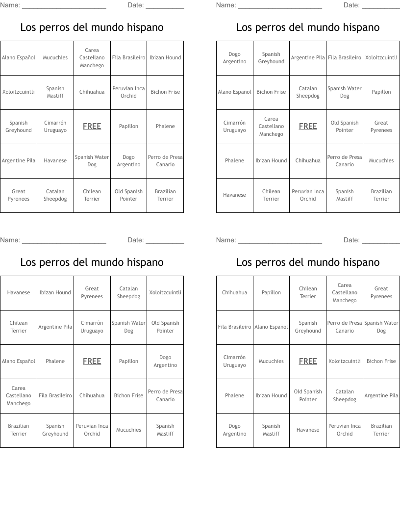 Los perros del mundo hispano Bingo Cards