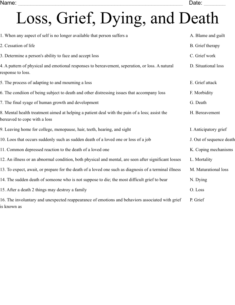 Loss, Grief, Dying, and Death Worksheet - WordMint