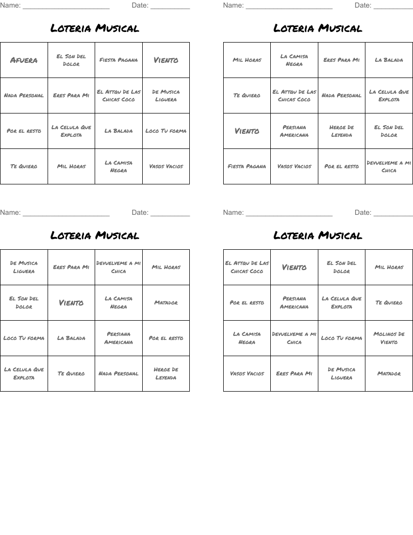Loteria Musical Bingo Cards