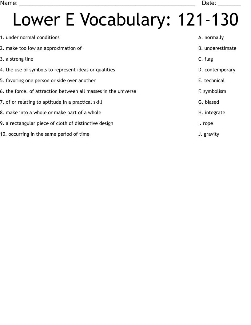 Lower E Vocabulary: 121-130 Worksheet