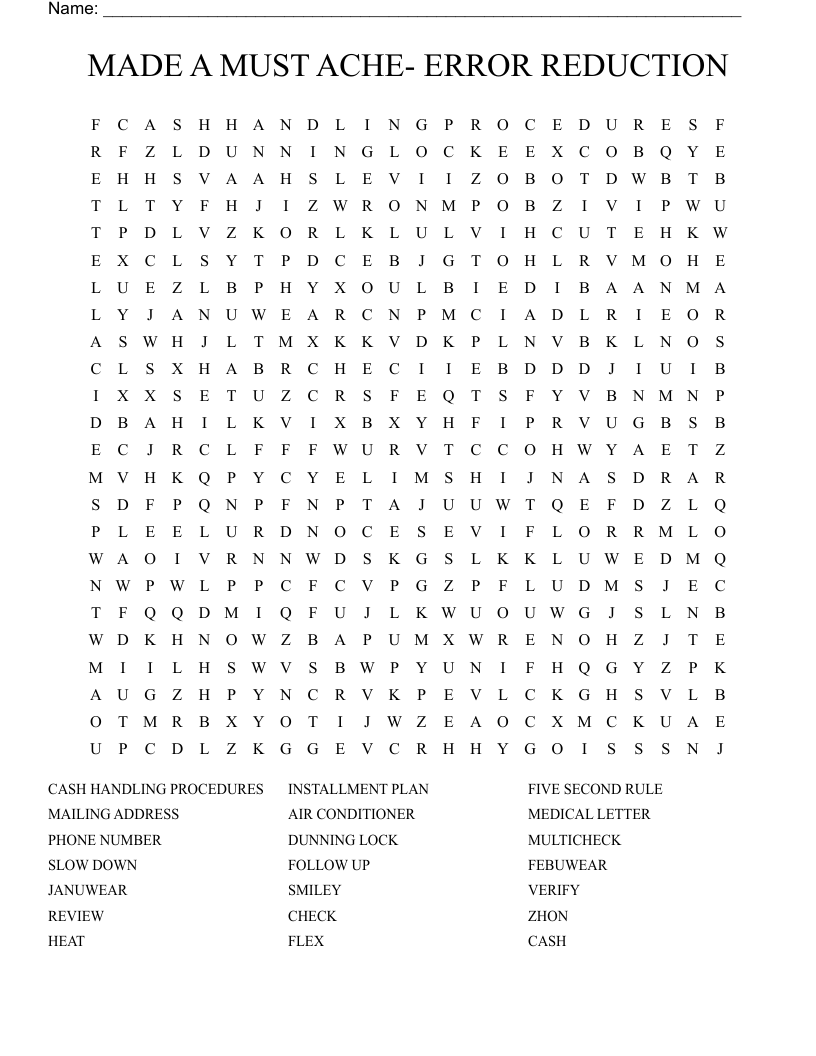 MADE A MUST ACHE- ERROR REDUCTION Word Search