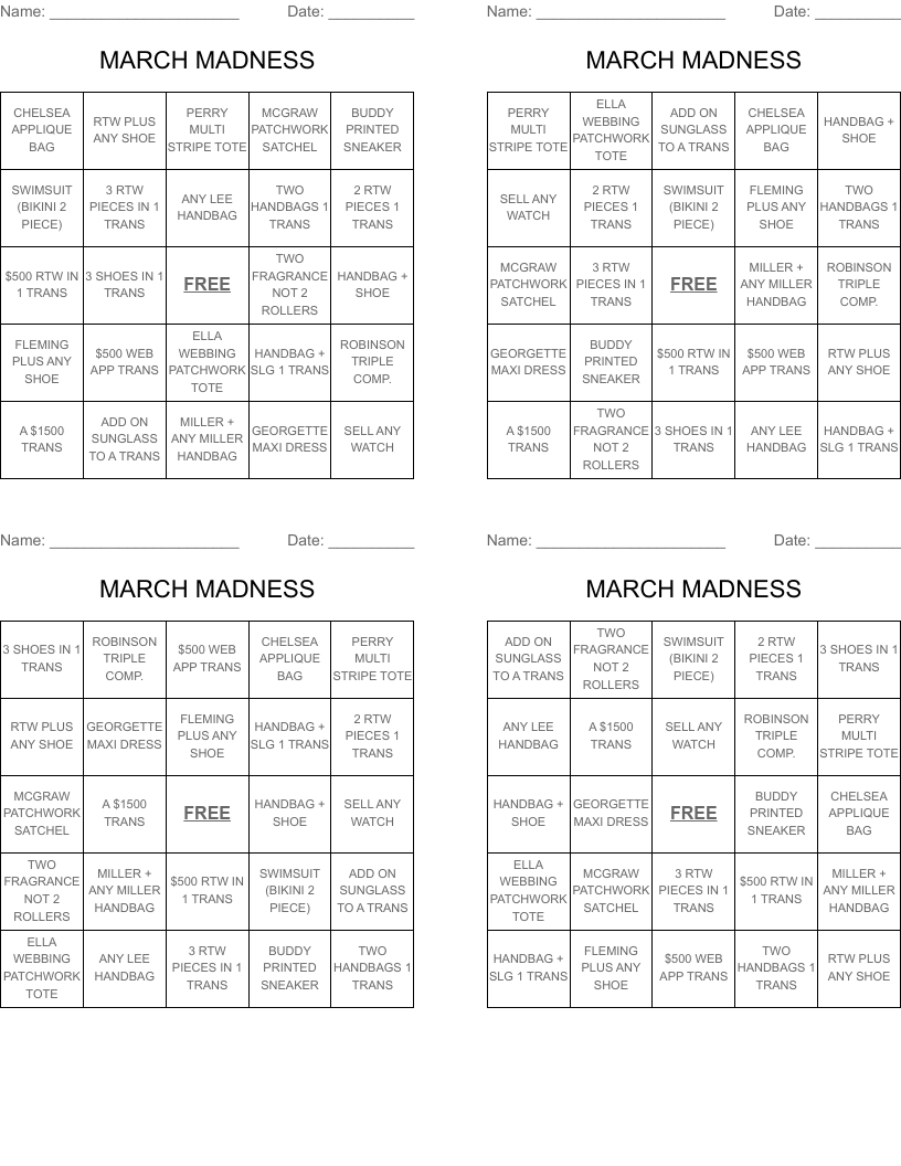MARCH MADNESS Bingo Cards WordMint