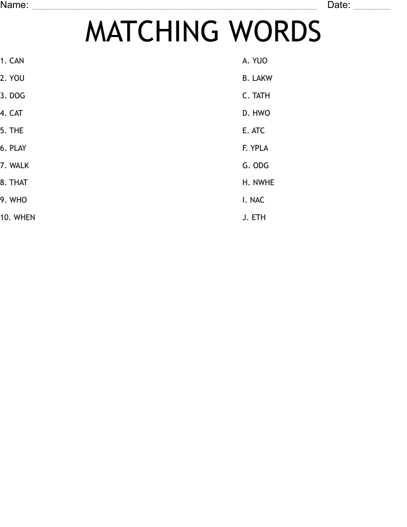MATCHING WORDS Worksheet