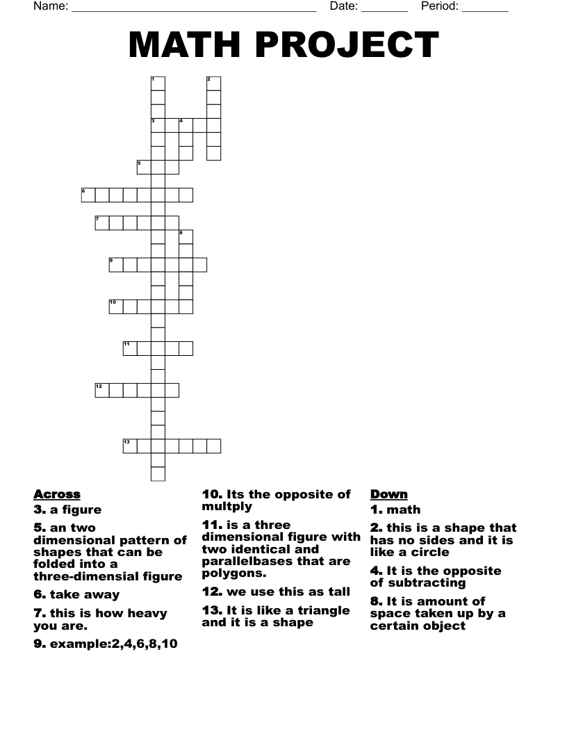 MATH PROJECT Crossword WordMint