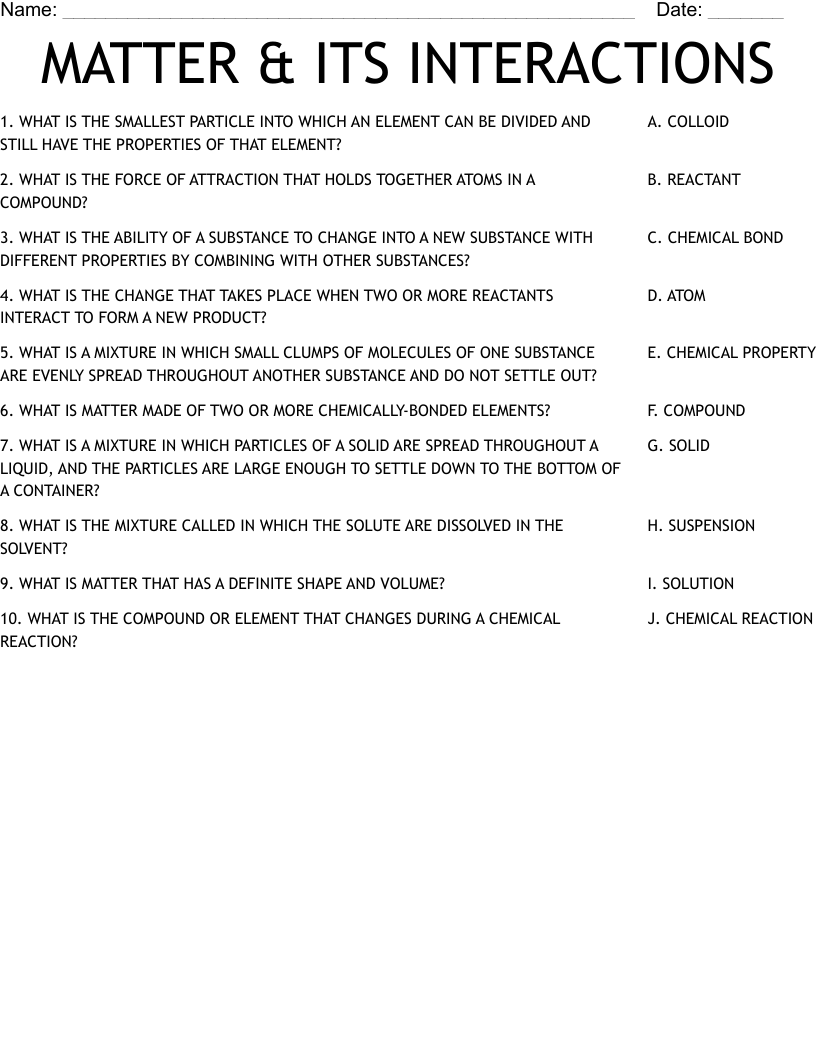 MATTER ITS INTERACTIONS Worksheet WordMint