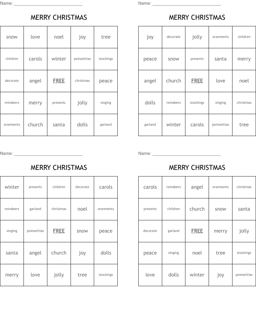 MERRY CHRISTMAS Bingo Cards