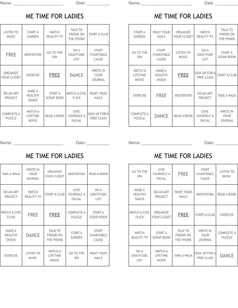 ME TIME FOR LADIES Bingo Cards