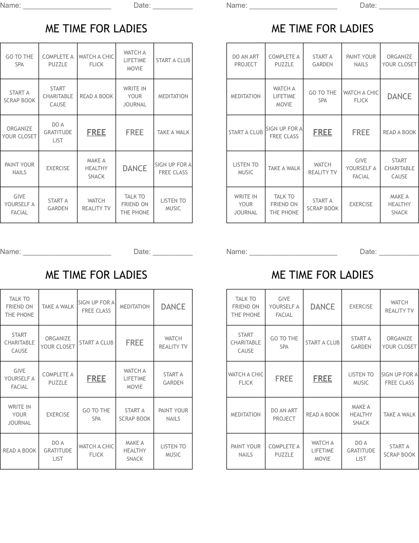 ME TIME FOR LADIES Bingo Cards