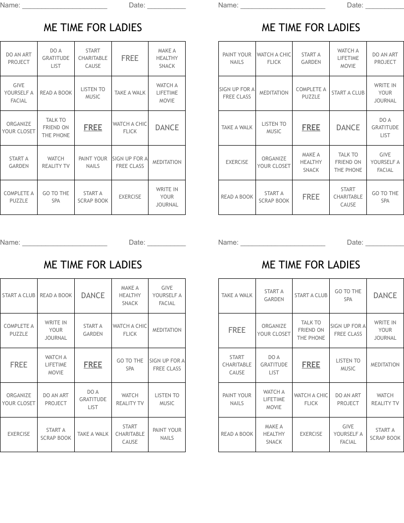 ME TIME FOR LADIES Bingo Cards