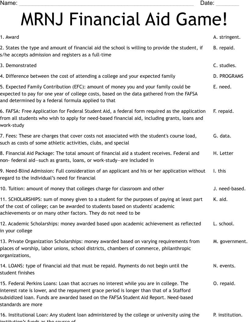 MRNJ Financial Aid Game! Worksheet - WordMint