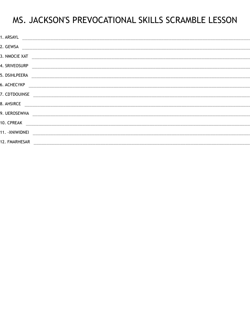 MS. JACKSON'S PREVOCATIONAL SKILLS SCRAMBLE LESSON WordMint