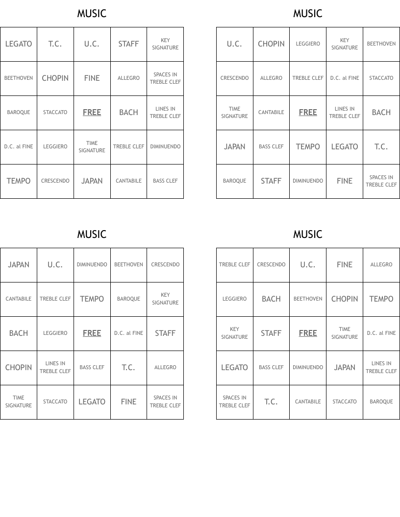 MUSIC Bingo Cards