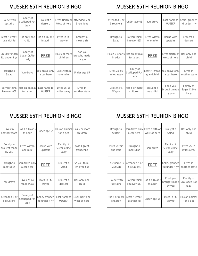MUSSER 65TH REUNION BINGO
