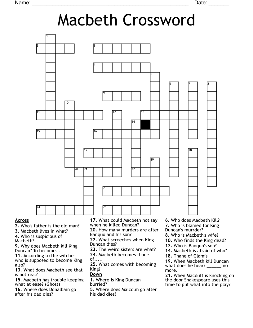 Macbeth Crossword Puzzle WordMint