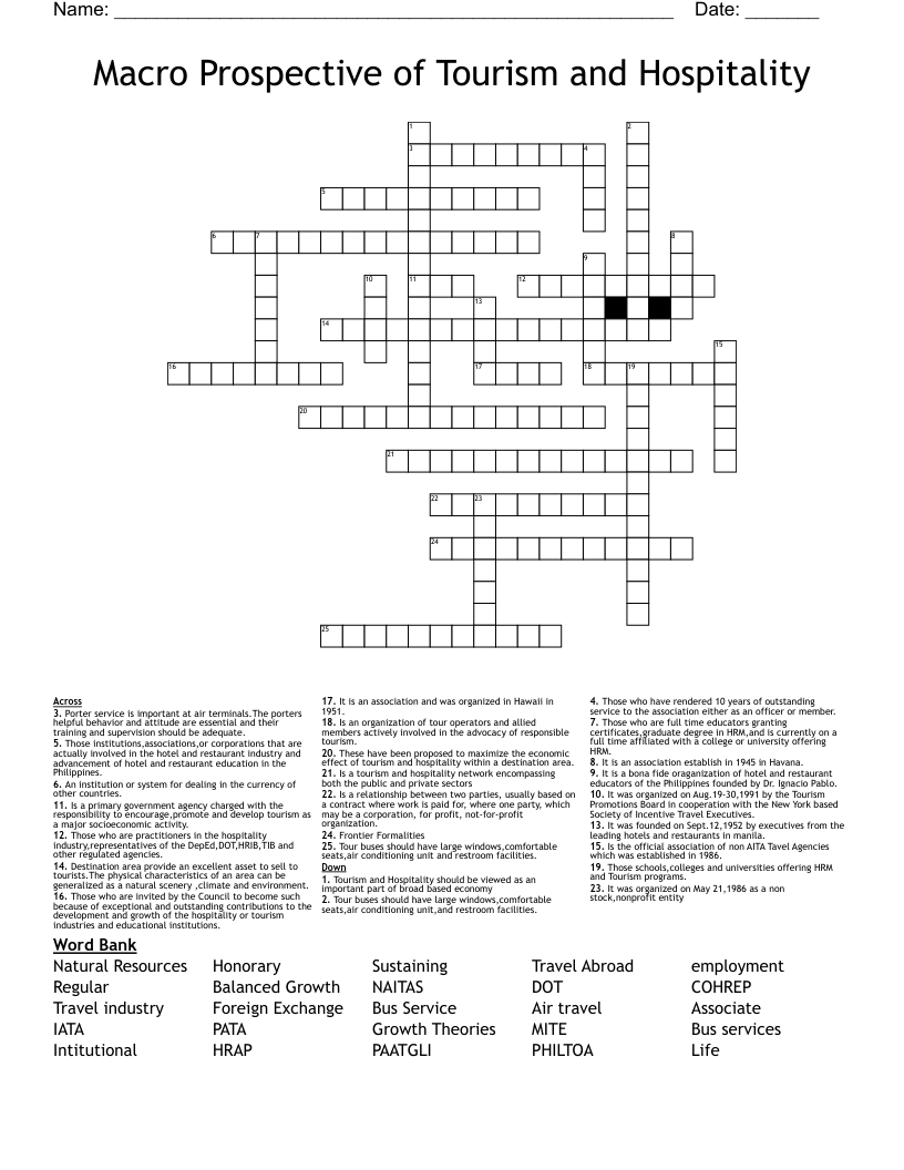 Macro Prospective of Tourism and Hospitality Crossword