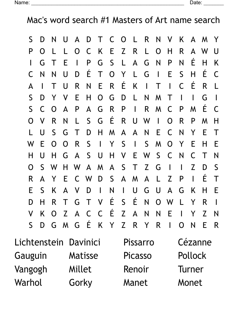 Mac's word search #1 Masters of Art name search 