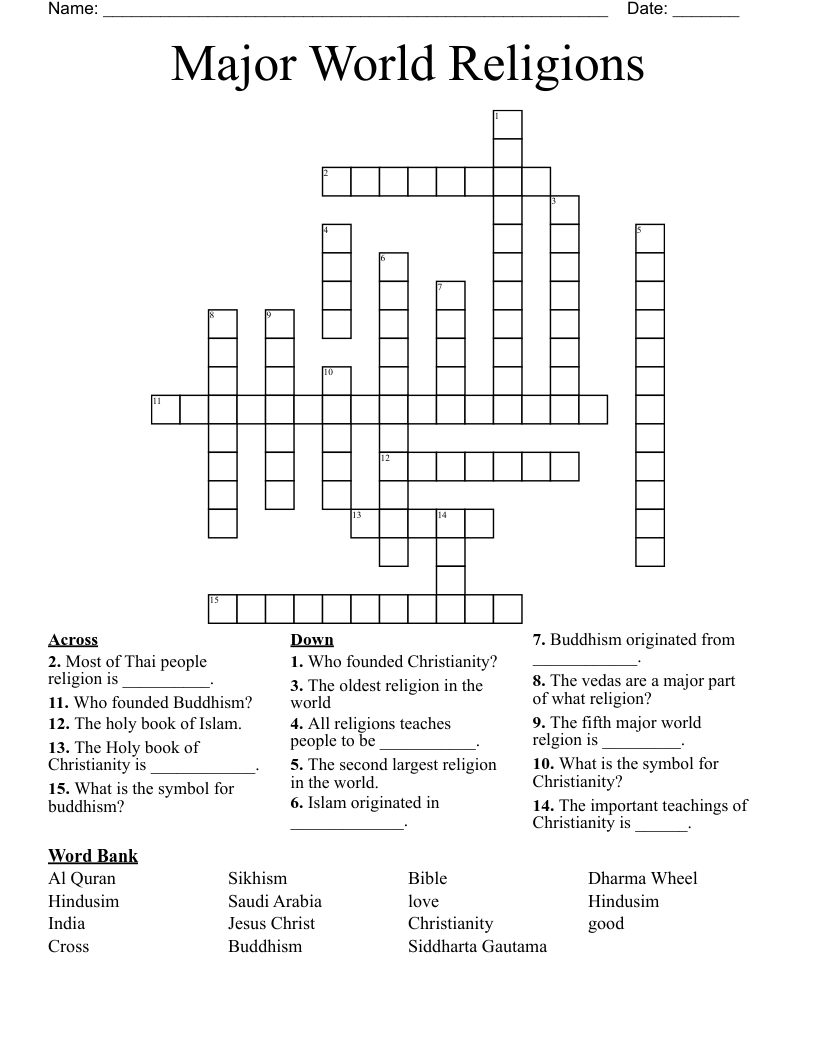 Major World Religions Crossword WordMint