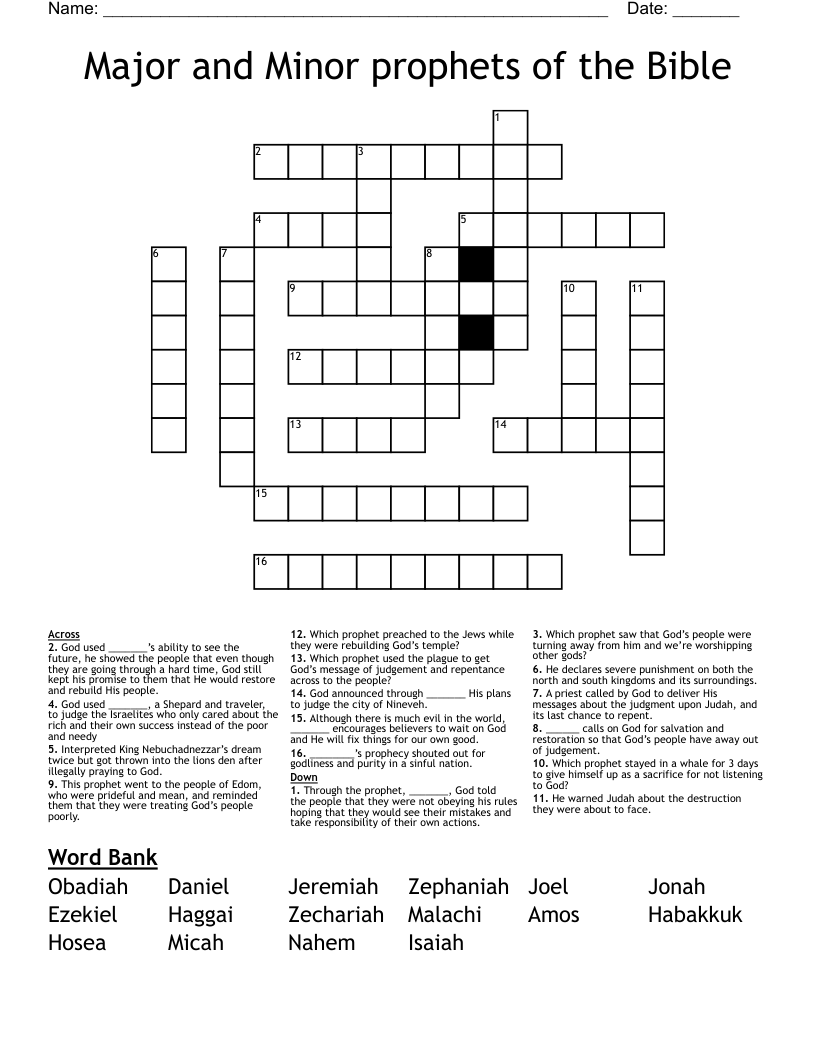 Major and Minor prophets of the Bible Crossword