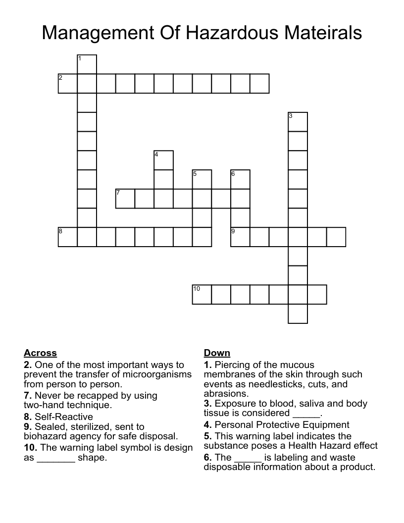 Management Of Hazardous Mateirals Crossword WordMint
