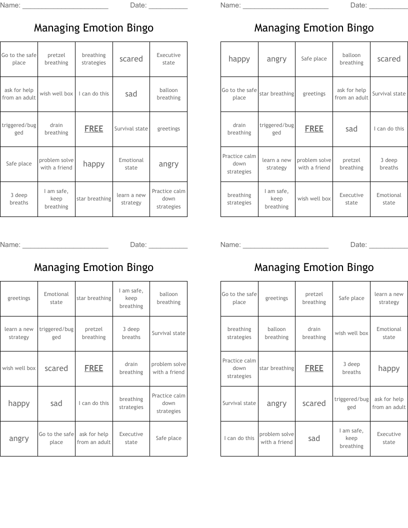 Managing Emotion Bingo