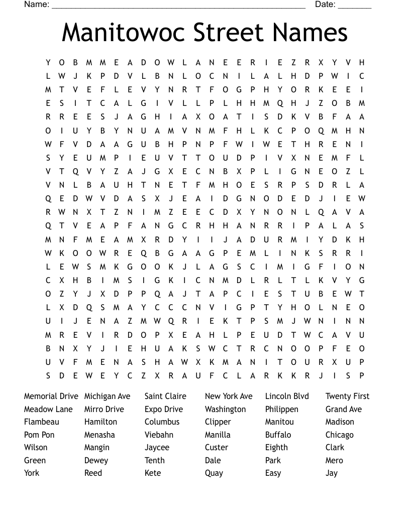 Manitowoc Street Names Word Search WordMint