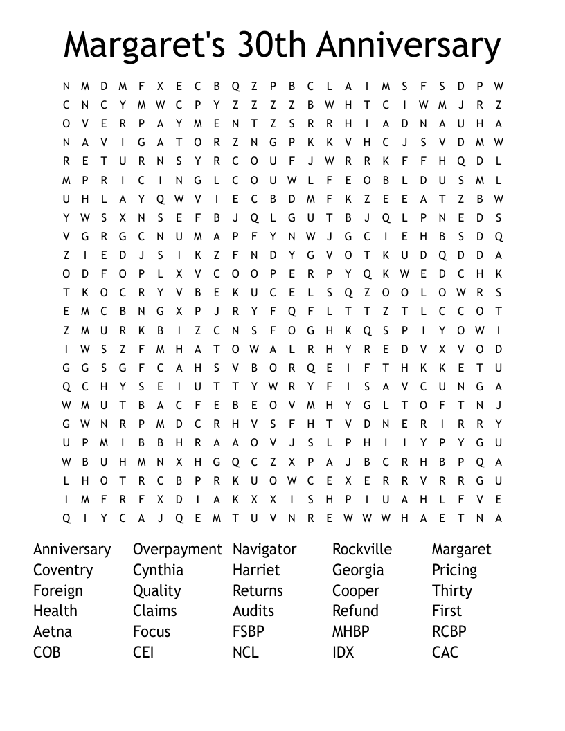 Margaret's 30th Anniversary Word Search