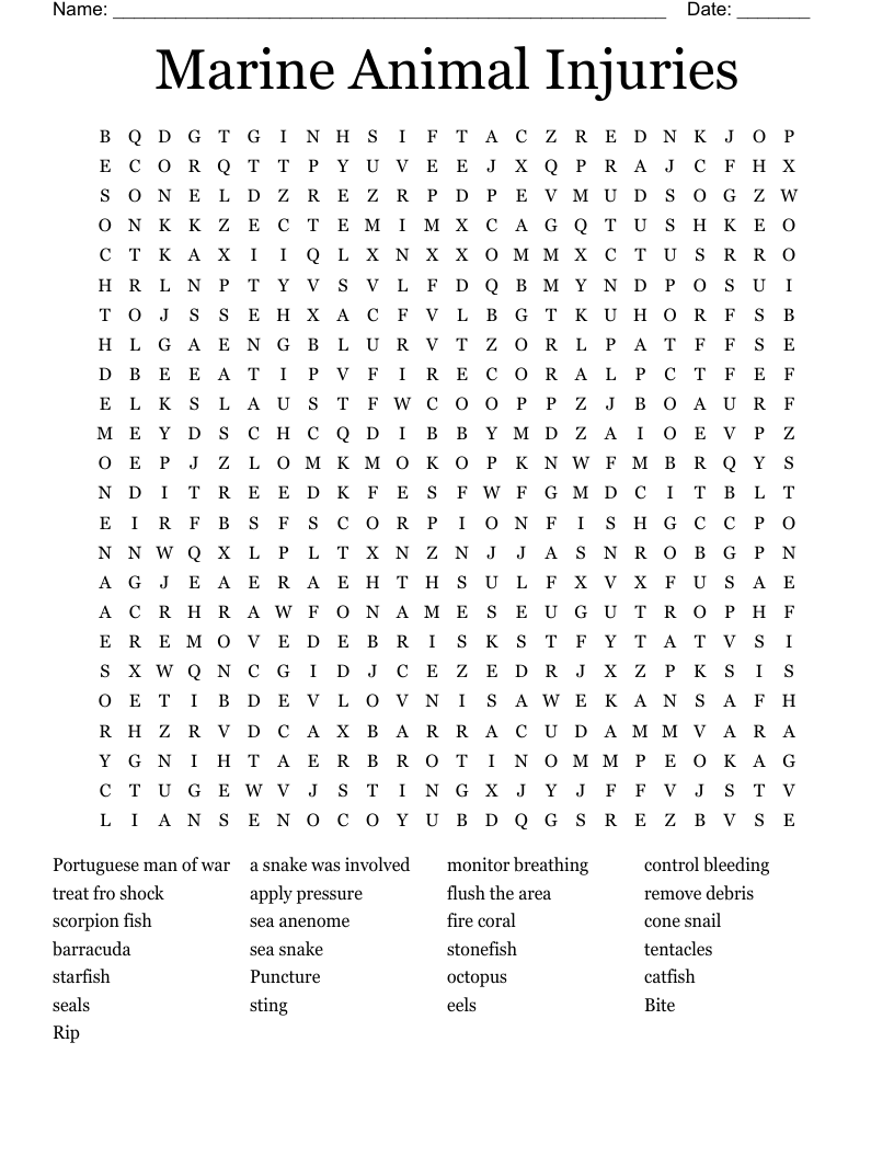 Marine Animal Injuries Word Search