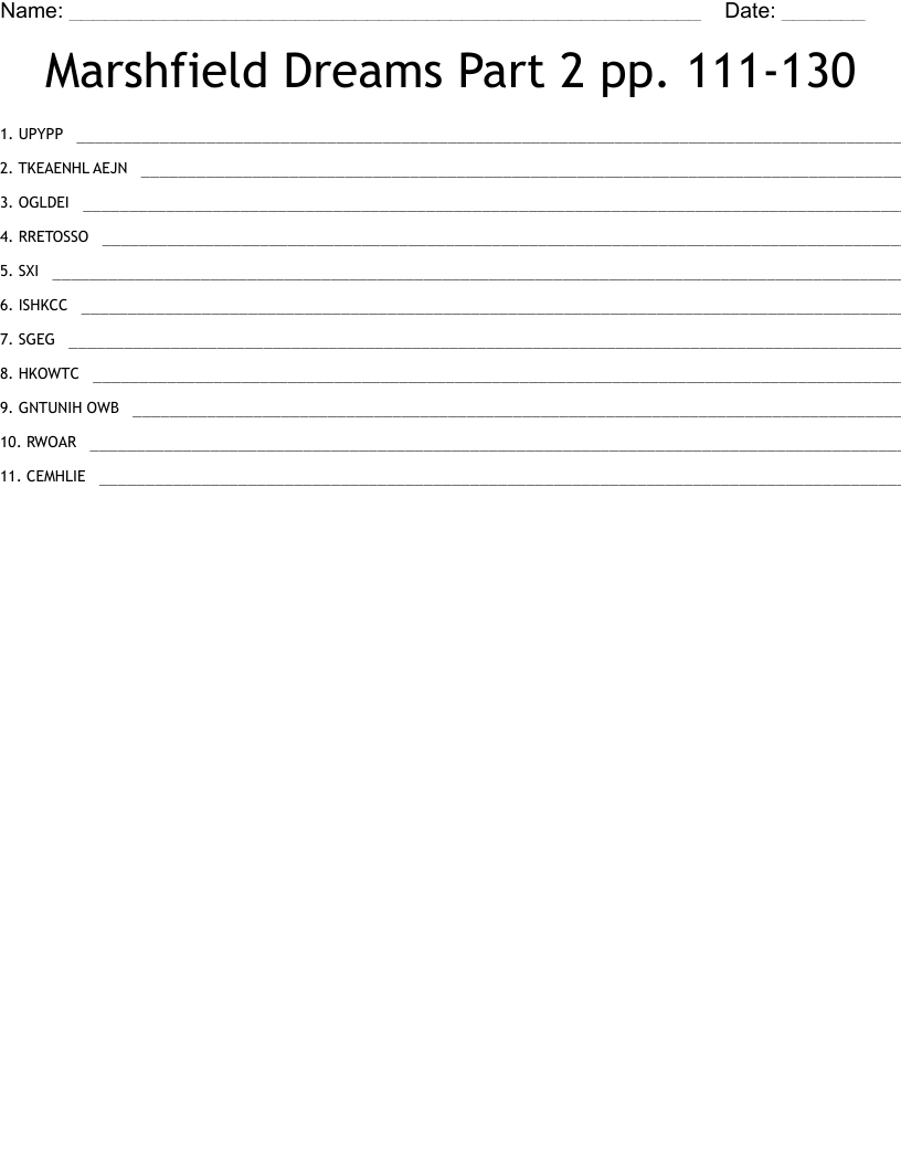 Marshfield Dreams Part 2 pp. 111-130 Word Scramble
