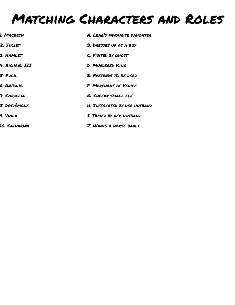 Matching Characters and Roles Worksheet - WordMint