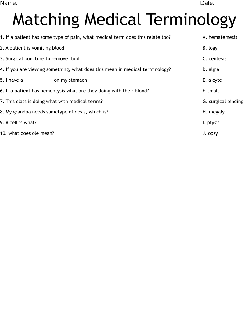 Matching Medical Terminology Worksheet WordMint