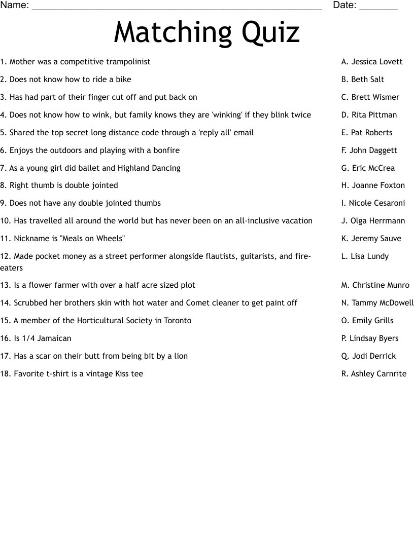 Matching Quiz Worksheet WordMint