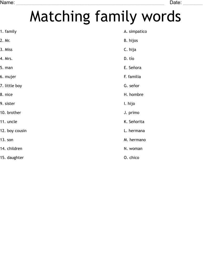 Matching family words Worksheet