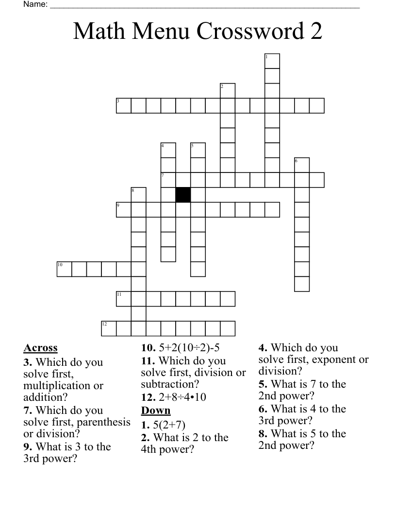 Math Menu Crossword 2 WordMint