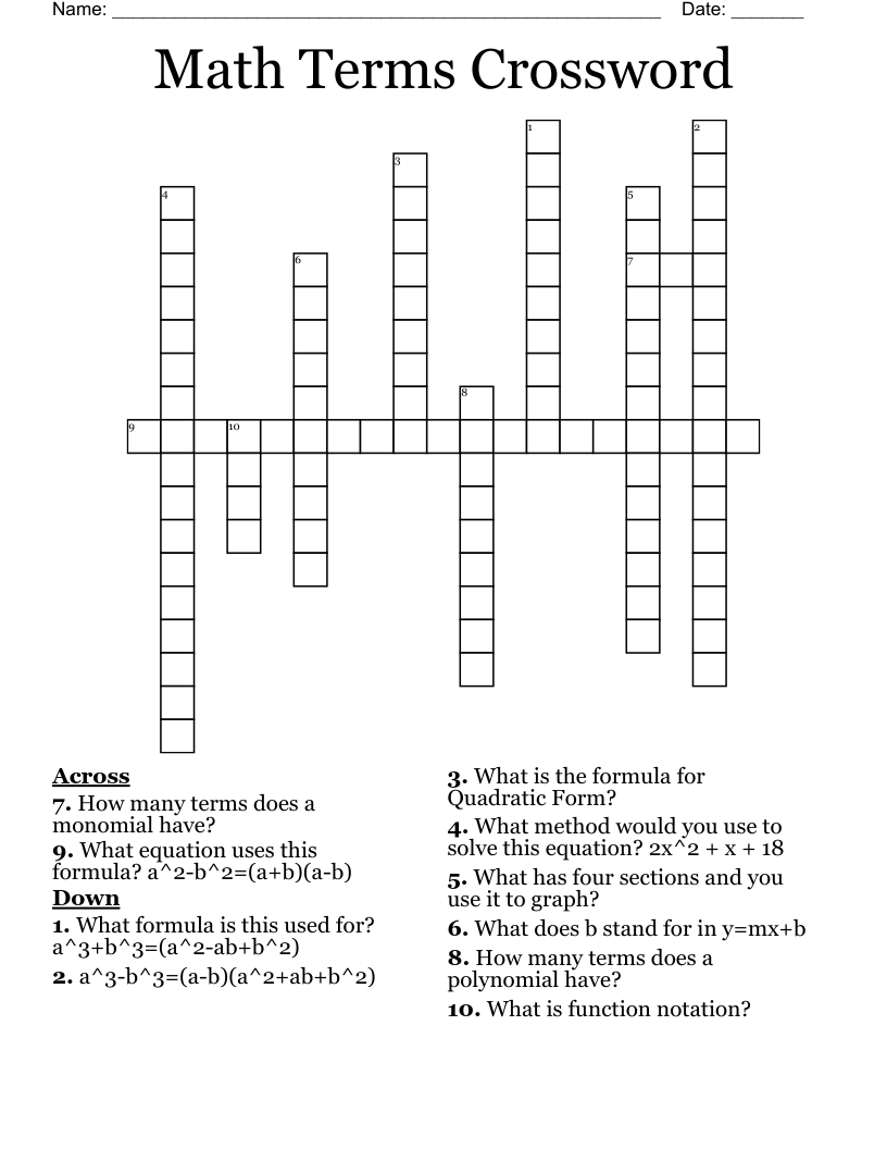 Math Terms Crossword WordMint