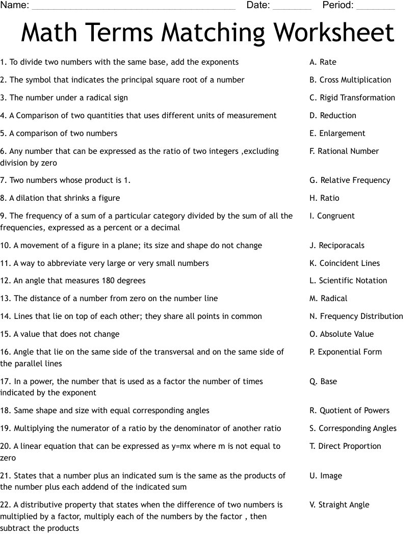 Matching Mathematical Terms And Definitions