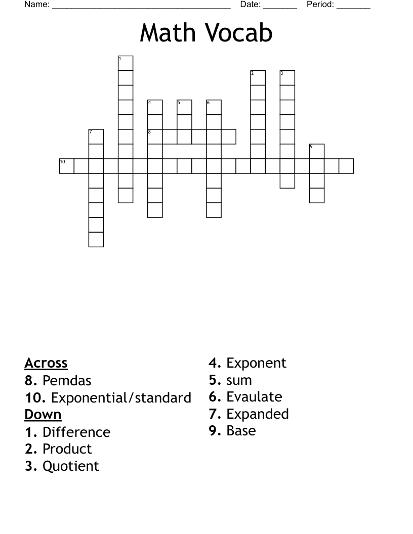 Math Vocab Crossword