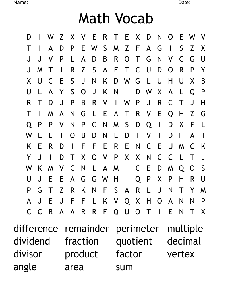 Math Vocab Word Search WordMint