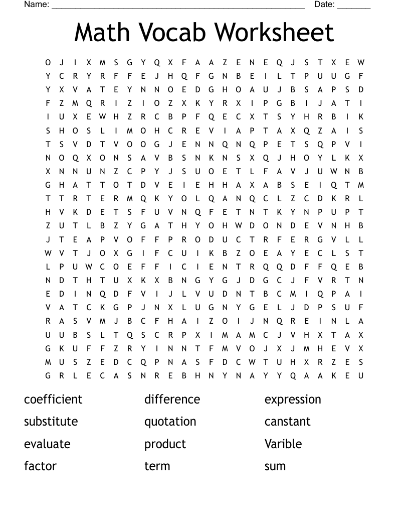 Math Vocab Worksheet Word Search